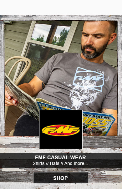 FMF casual wear, shirts, hats, and more, SHOP button